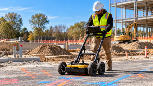 Construction worker in a safety vest and hard hat uses a pavement line-marking machine on a sunny construction site.
